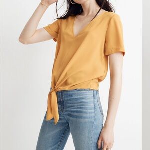Madewell Mustard V-Neck Tie-Front Short Sleeve Top